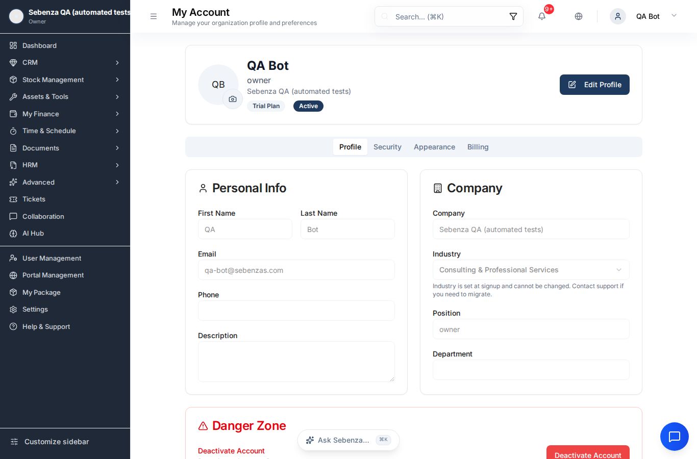 Account — desktop screen