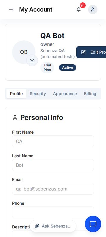 Account — mobile screen
