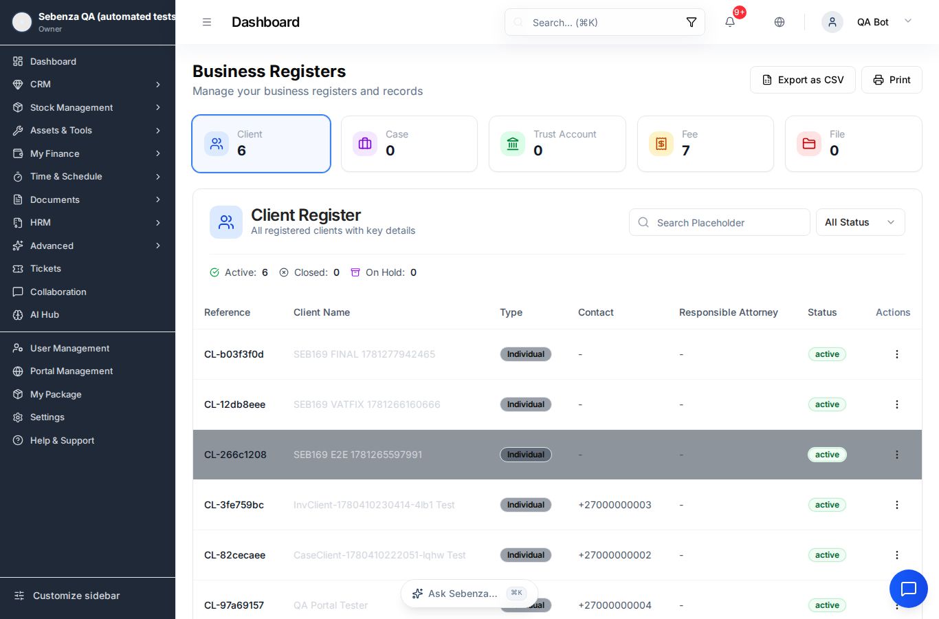 Business Registers — desktop screen