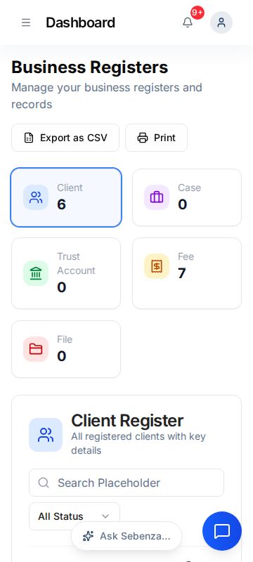 Business Registers — mobile screen
