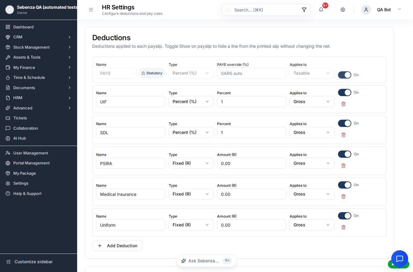 Hr — Settings — desktop screen