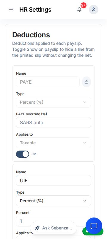 Hr — Settings — mobile screen