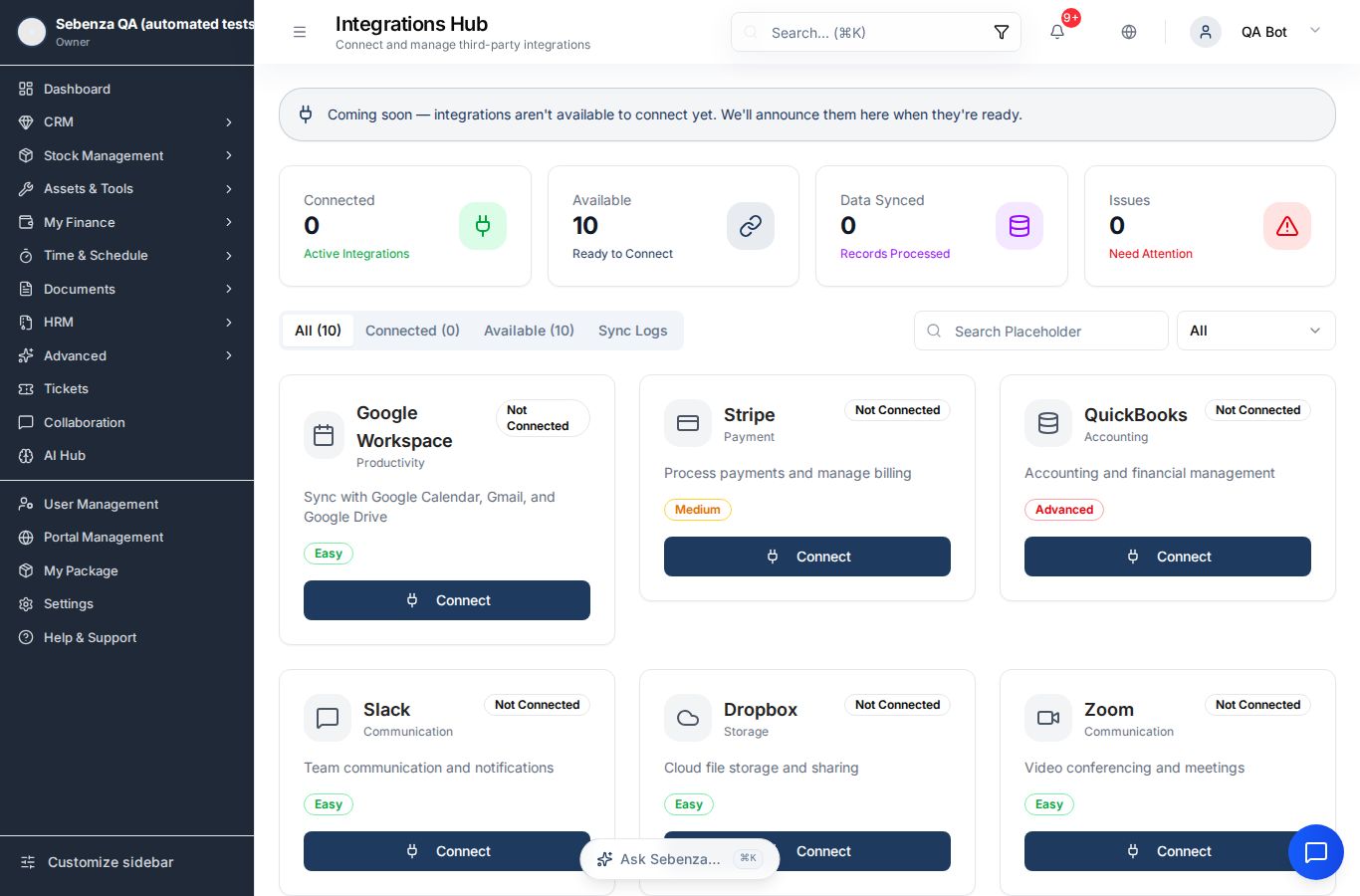 Integrations — desktop screen