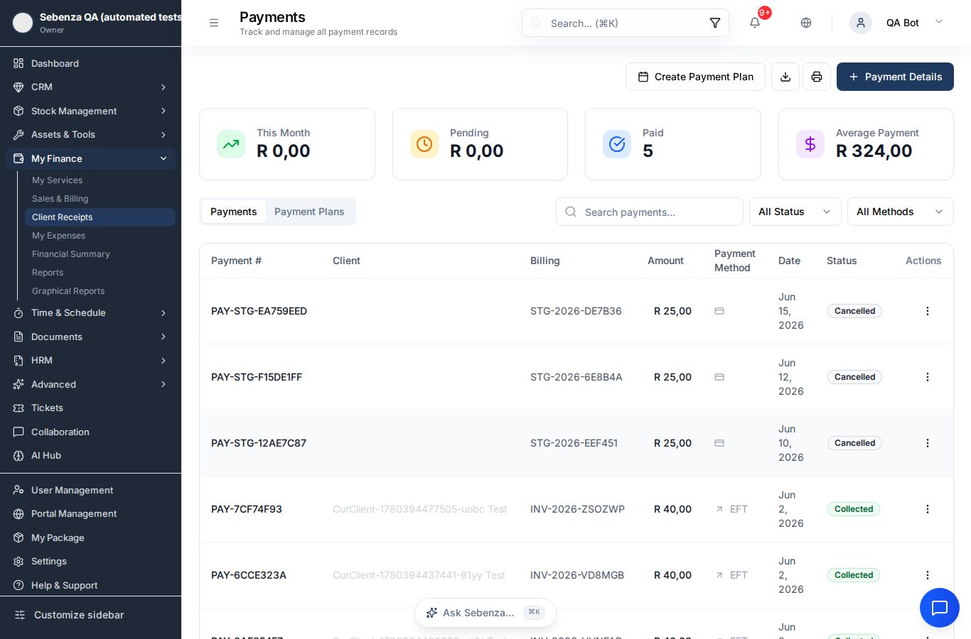 Client Receipts — desktop screen