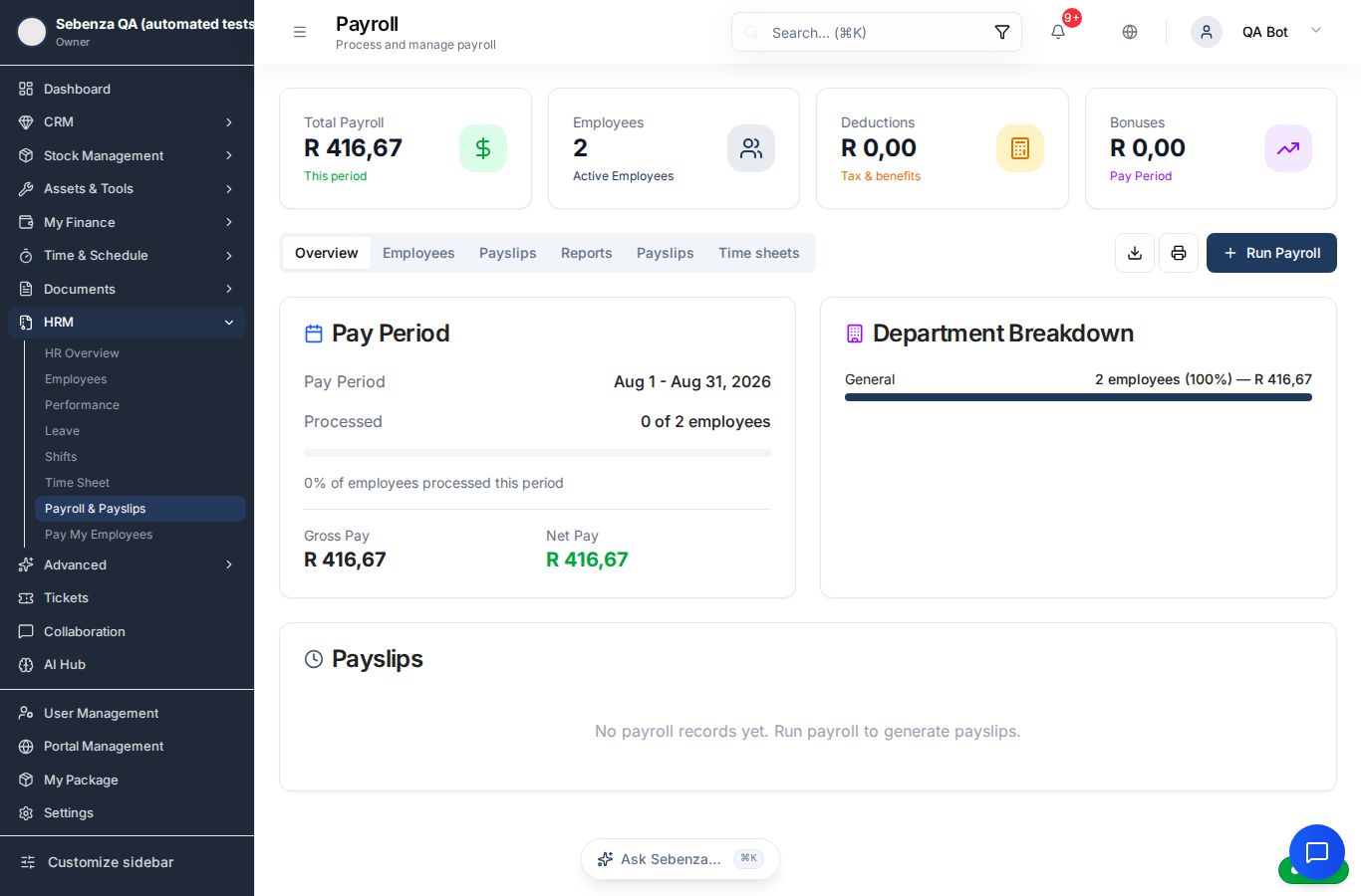 Payroll & Payslips — desktop screen