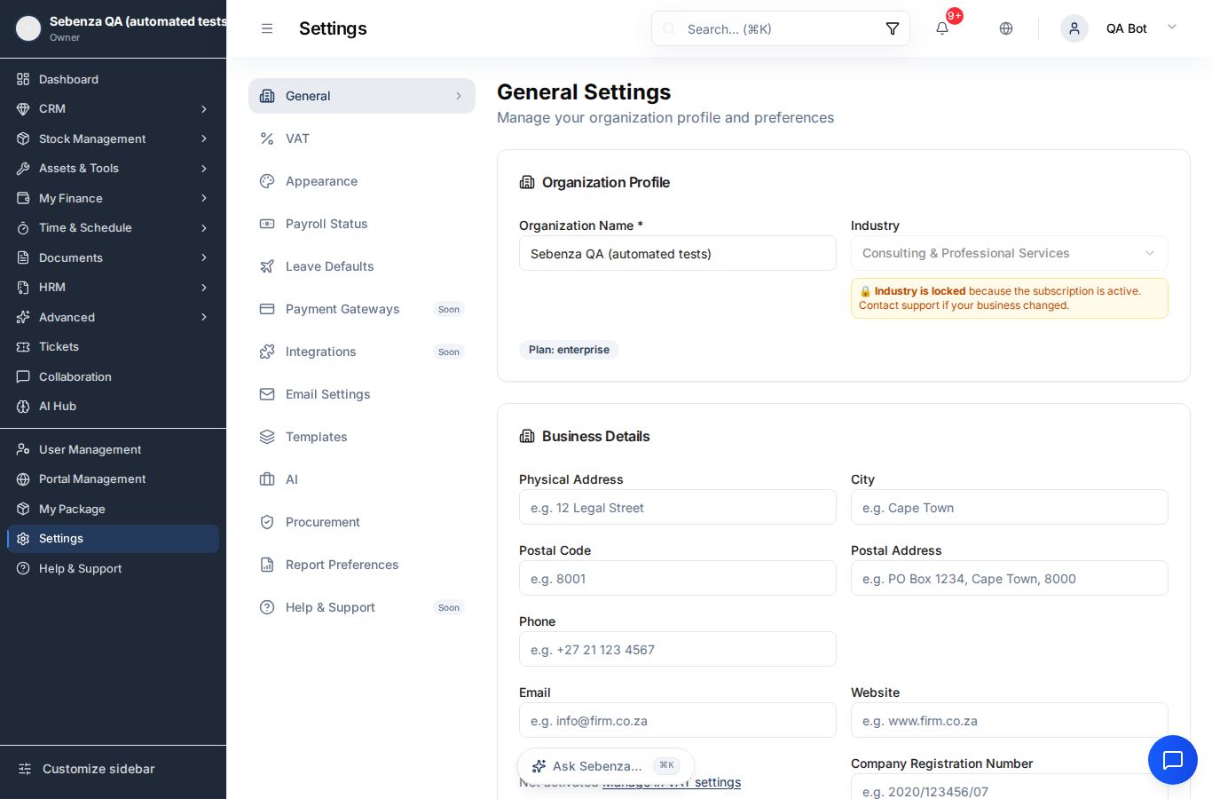 Settings — desktop screen