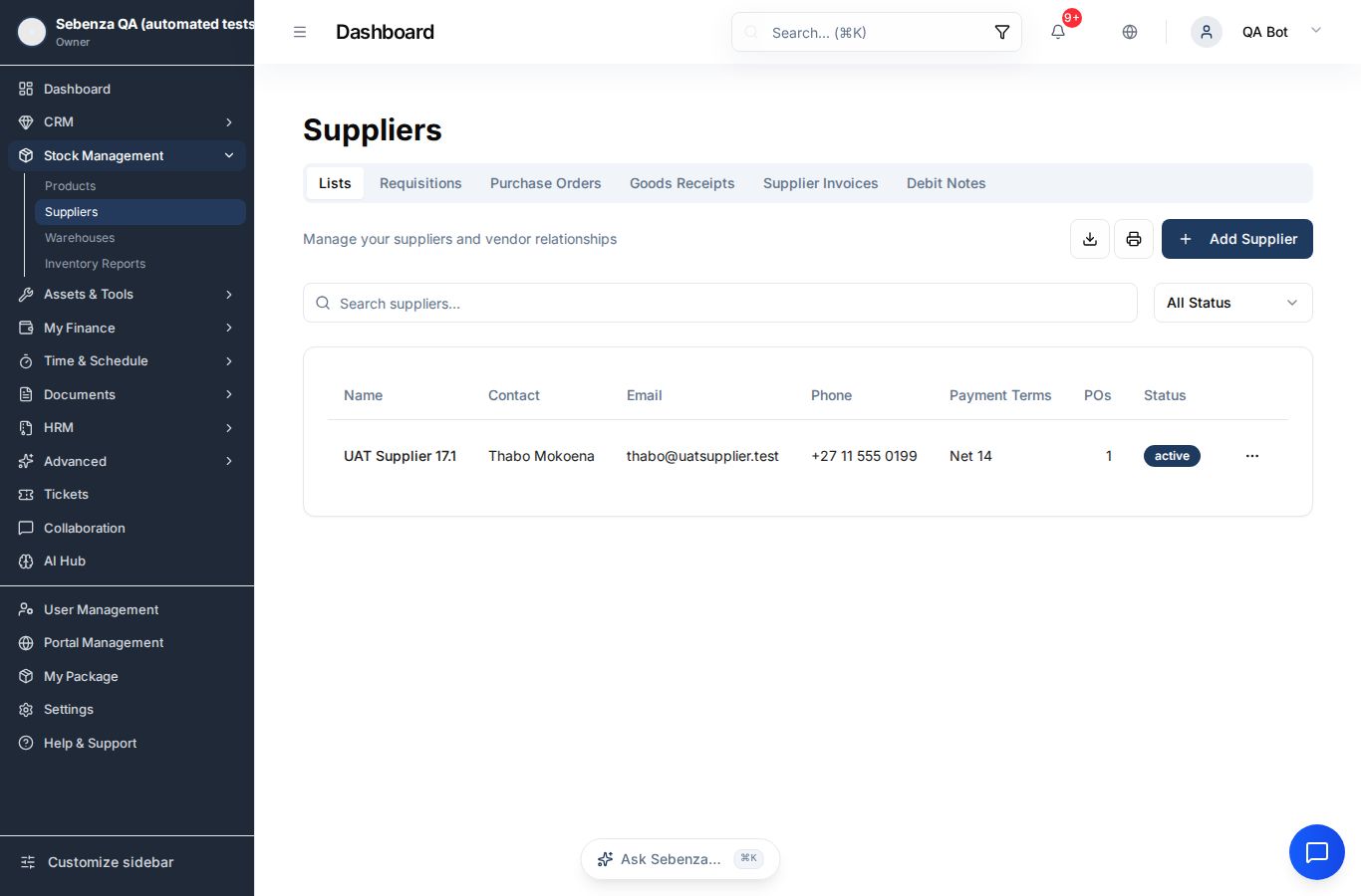 Suppliers — desktop screen