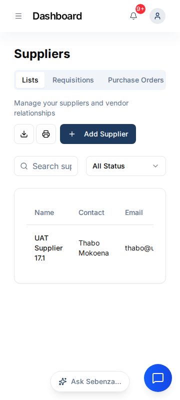 Suppliers — mobile screen