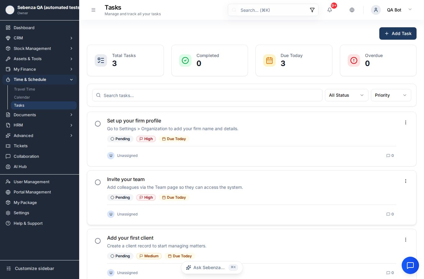 Tasks — desktop screen