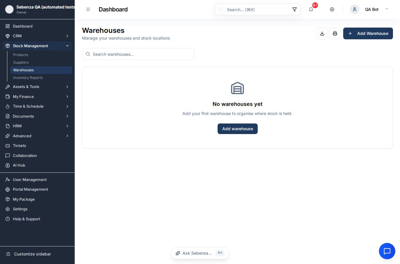Warehouses — desktop screen